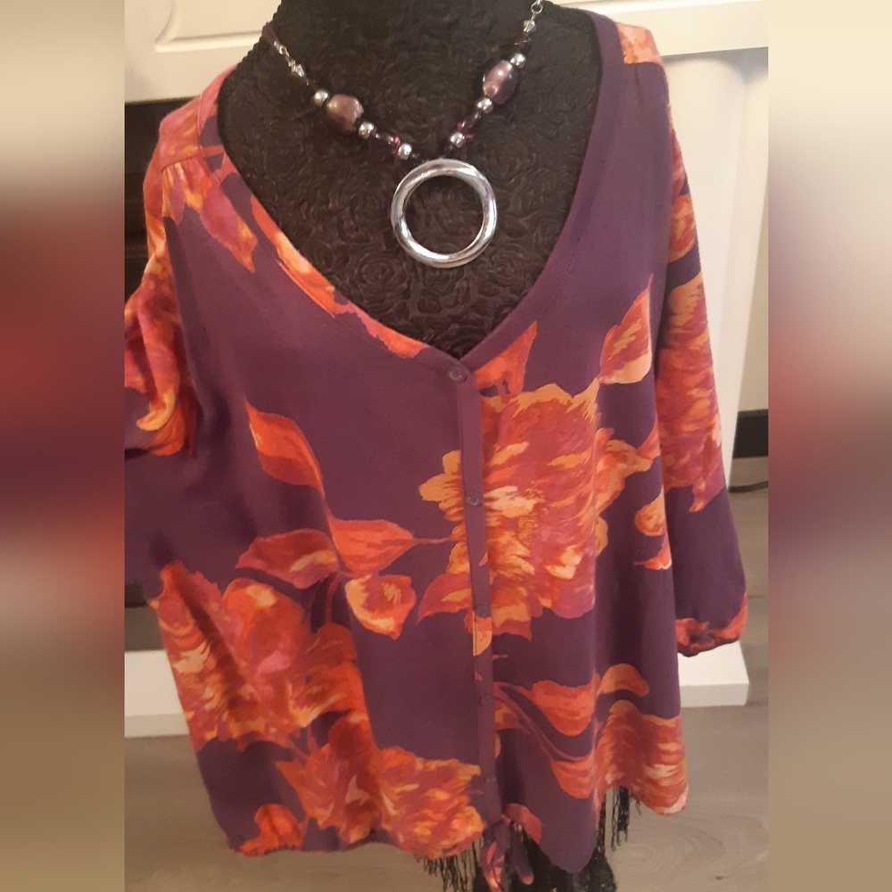 Sonoma Purple and Orange Floral Blouse With Statement Necklace